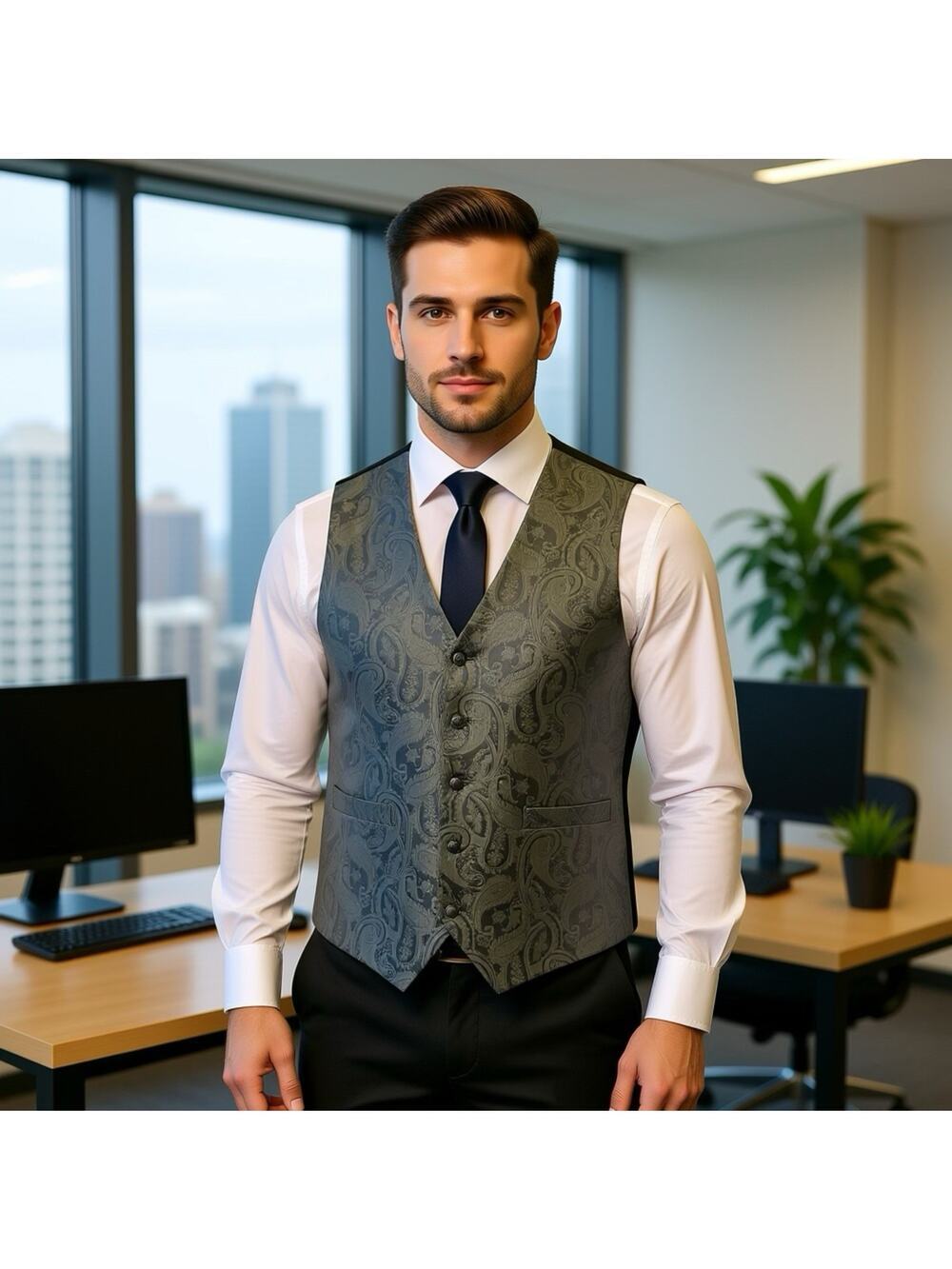 Hisdern Silver Gray Paisley Tuxedo Vest Mens Size S Career Formal Wear Handmade